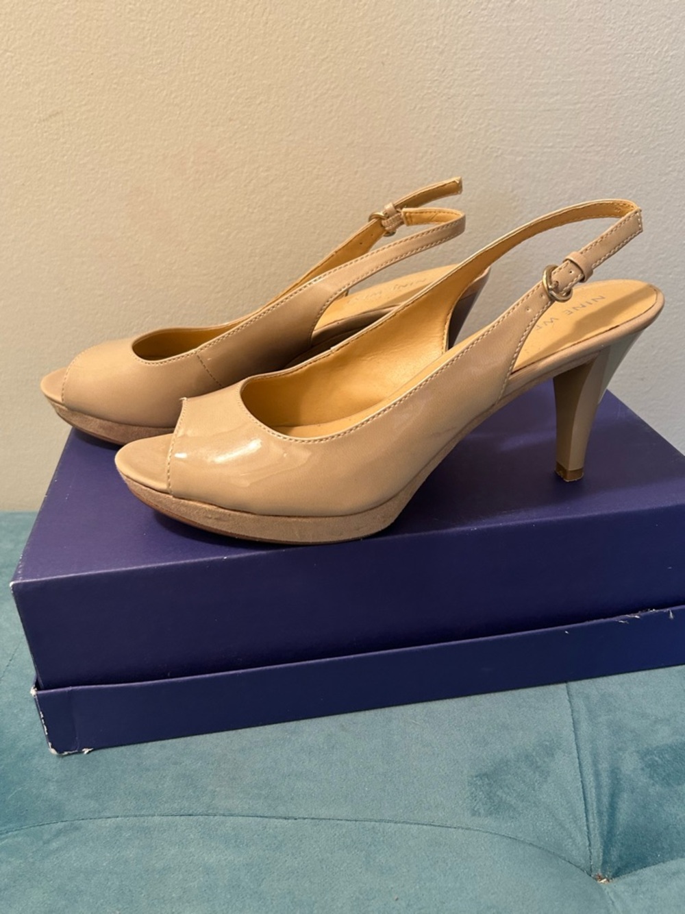 Nine West Nude Patent Peep-Toe Slingback Heels